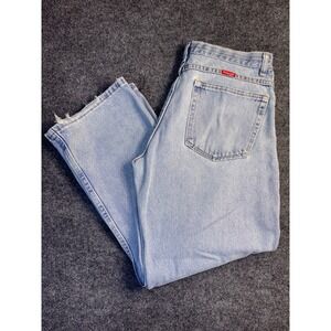 Wrangler Jeans Womens 16 Blue Denim Straight Fit‎ Distressed Hem Patch Logo